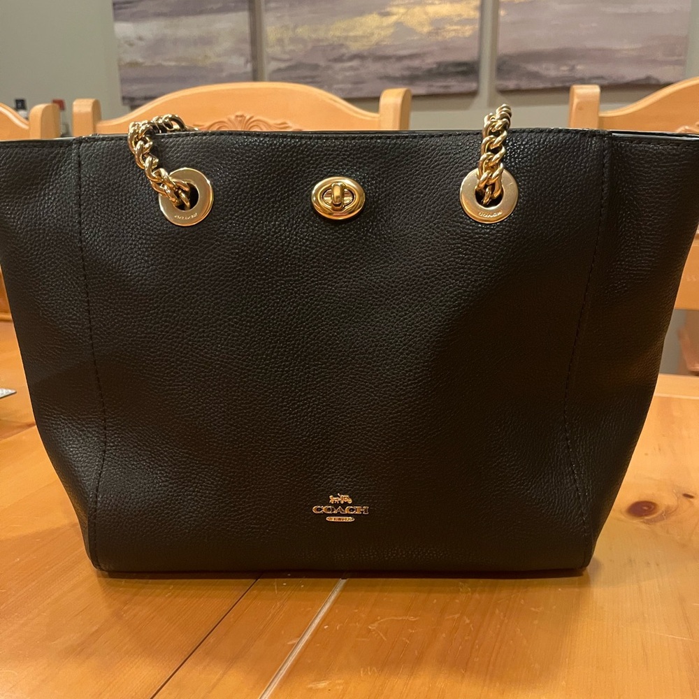 Coach Black Tote with Gold Chain Accents